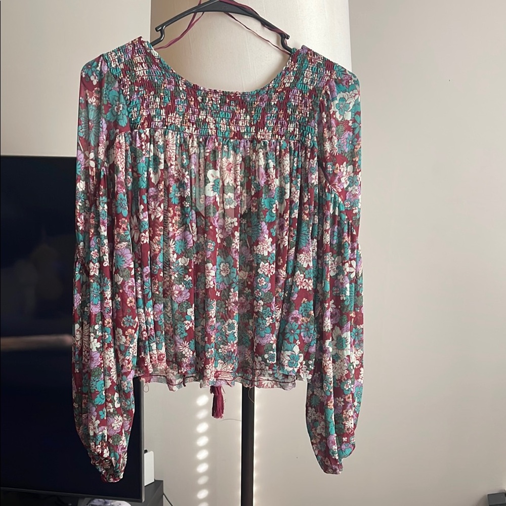 Free People Blue and Pink Smocked Blouse